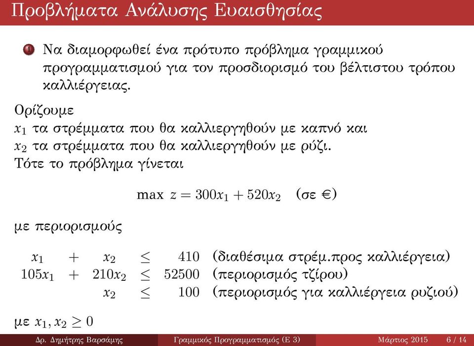 Τότε το πρόβλημα γίνεται με περιορισμούς max z = 300x 1 + 520x 2 (σε ) x 1 + x 2 410 (διαθέσιμα στρέμ.