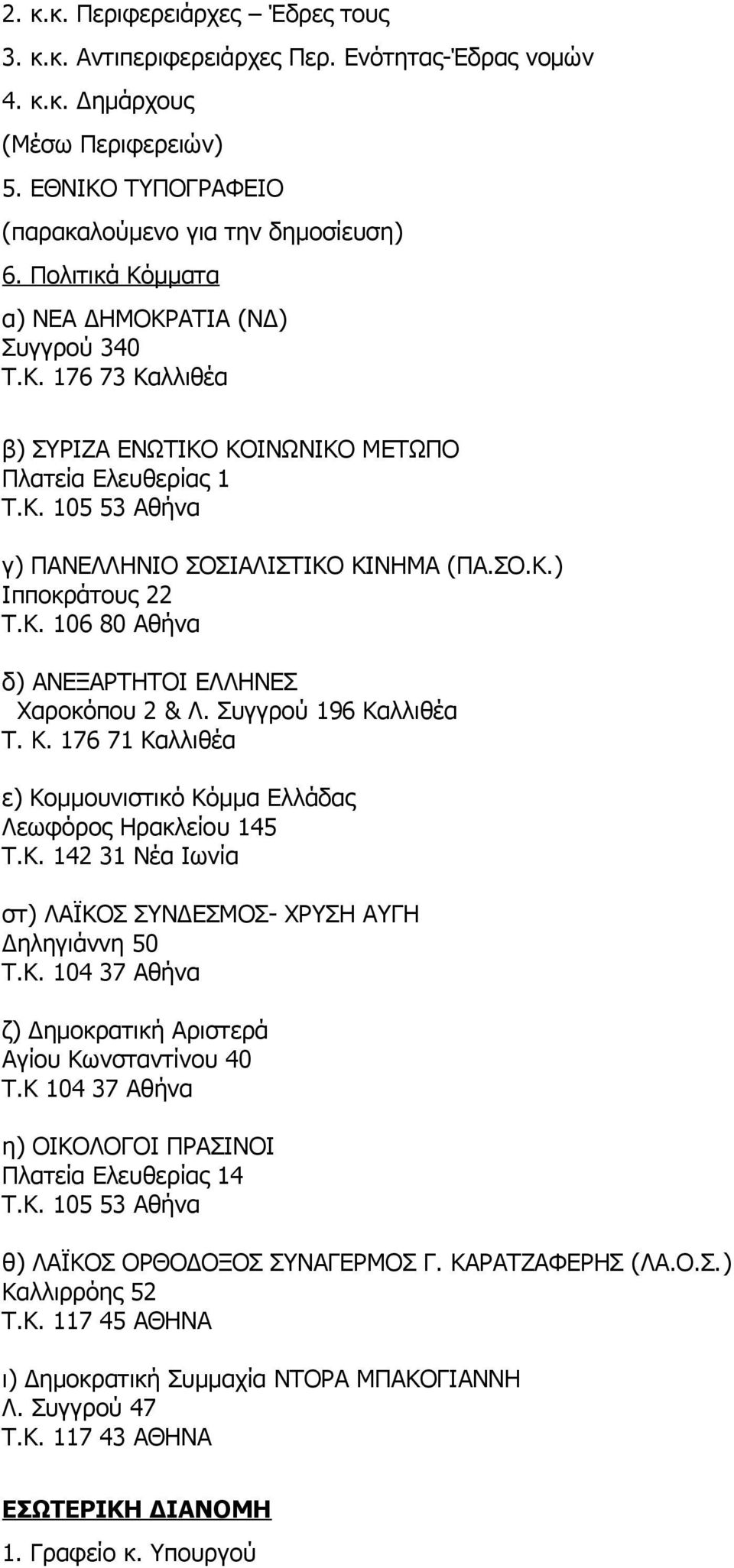 Κ. 106 80 Αθήνα δ) ΑΝΕΞΑΡΤΗΤΟΙ ΕΛΛΗΝΕΣ Χαροκόπου 2 & Λ. Συγγρού 196 Καλλιθέα Τ. Κ. 176 71 Καλλιθέα ε) Κομμουνιστικό Κόμμα Ελλάδας Λεωφόρος Ηρακλείου 145 Τ.Κ. 142 31 Νέα Ιωνία στ) ΛΑΪΚΟΣ ΣΥΝΔΕΣΜΟΣ- ΧΡΥΣΗ ΑΥΓΗ Δηληγιάννη 50 Τ.