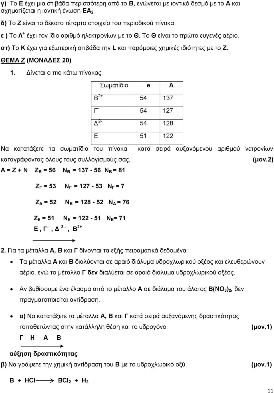 Δίνεται ο πιο κάτω πίνακας: Σωματίδιο e Α Β 2+ 54 137 Γ - 54 127 Δ 2-54 128 Ε 51 122 Να κατατάξετε τα σωματίδια του πίνακα καταγράφοντας όλους τους συλλογισμούς σας.