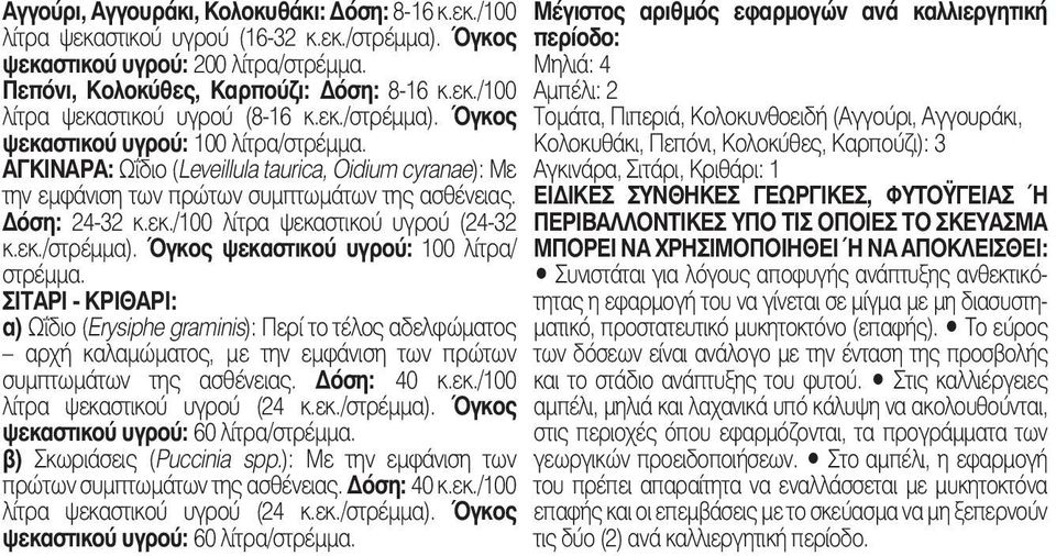 εκ./στρέμμα). Όγκος ψεκαστικού υγρού: 100 λίτρα/ στρέμμα.