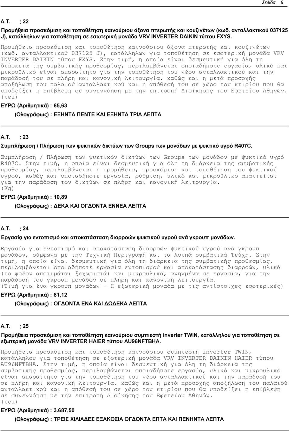 ανταλλακτικού 037125 J), κατάλληλων για τοποθέτηση σε εσωτερική µονάδα VRV INVERTER DAIKIN τύπου FXYS.