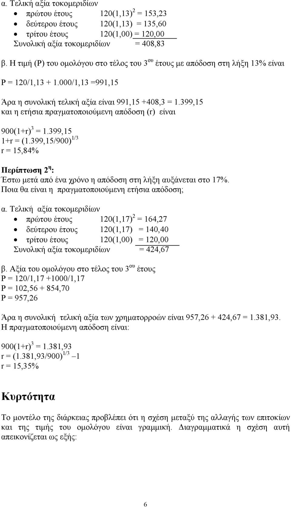 399,15 και η ετήσια πραγματοποιούμενη απόδοση (r) είναι 900(1r) 3 = 1.399,15 1r = (1.399,15/900) 1/3 r = 15,84% Περίπτωση η : Έστω μετά από ένα χρόνο η απόδοση στη λήξη αυξάνεται στο 17%.