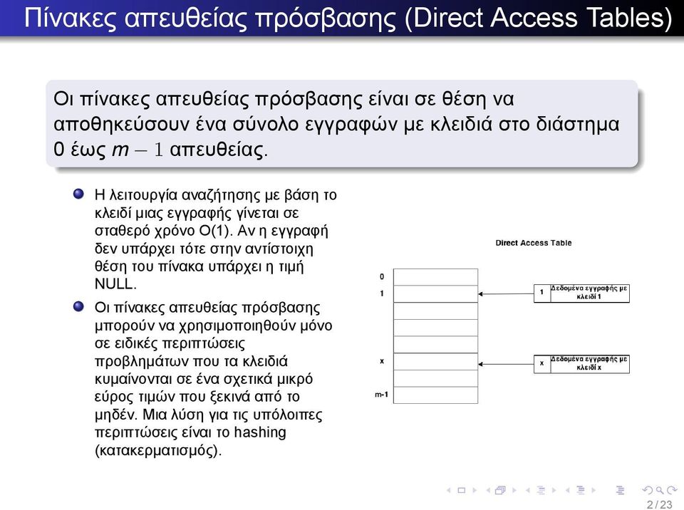 αντίστοιχη θέση του πίνακα υπάρχει η τιμή NULL Οι πίνακες απευθείας πρόσβασης μπορούν να χρησιμοποιηθούν μόνο σε ειδικές περιπτώσεις προβλημάτων που τα