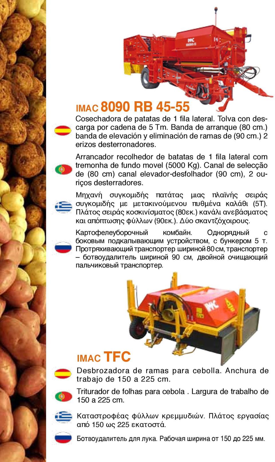 Canal de selecção de (80 cm) canal elevador-desfolhador (90 cm), 2 ouriços desterradores. Μηχανή συγκομιδής πατάτας μιας πλαϊνής σειράς συγκομιδής με μετακινούμενου πυθμένα καλάθι (5Τ).
