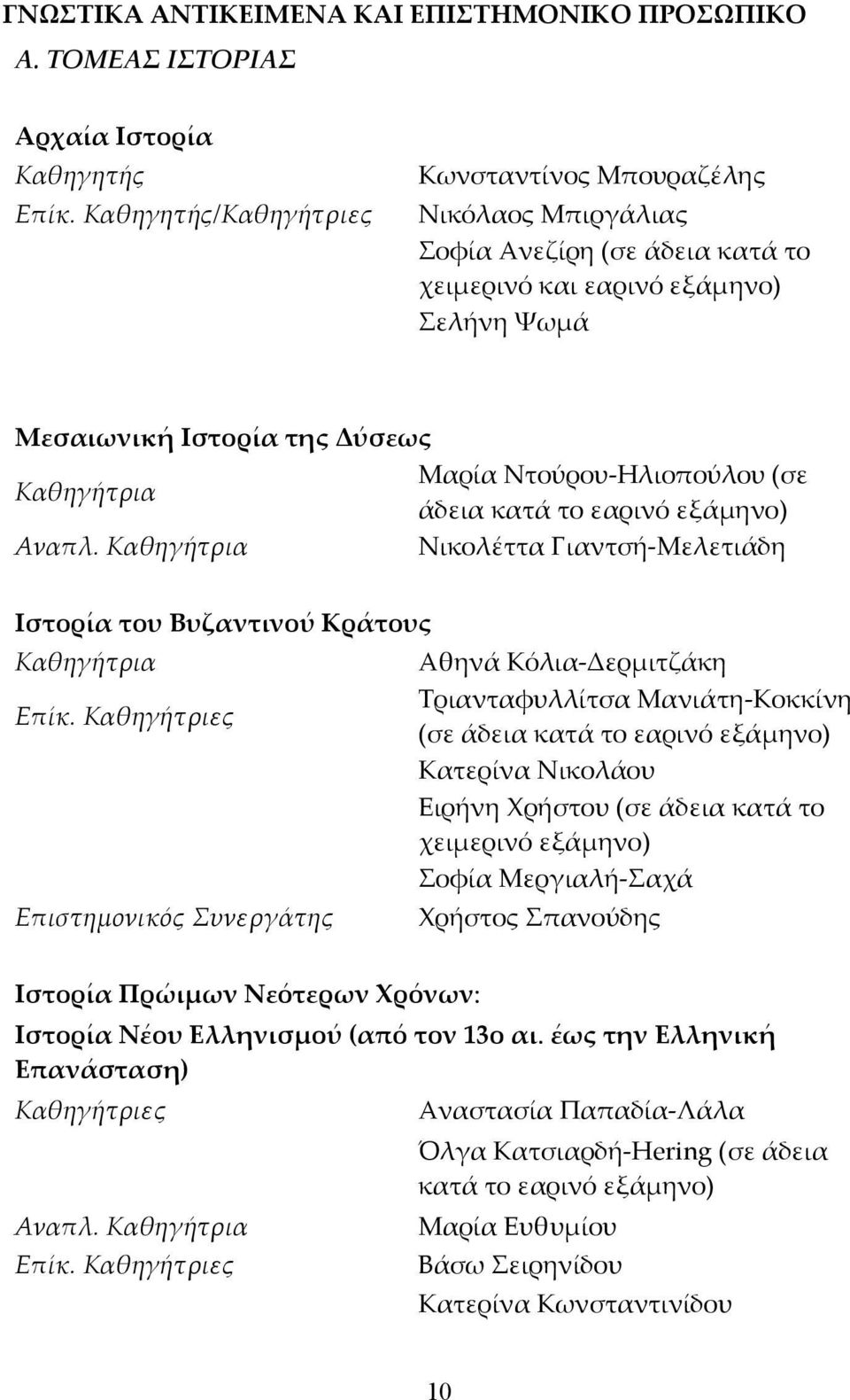 Ντούρου-Ηλιοπούλου (σε άδεια κατά το εαρινό εξάμηνο) Αναπλ. Καθηγήτρια Νικολέττα Γιαντσή-Μελετιάδη Ιστορία του Βυζαντινού Κράτους Καθηγήτρια Επίκ.