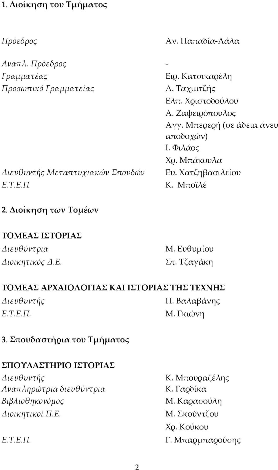 Διοίκηση των Τοµέων ΤΟΜΕΑΣ ΙΣΤΟΡΙΑΣ Διευθύντρια Διοικητικός Δ.Ε. Μ. Ευθυμίου Στ. Τζαγάκη ΤΟΜΕΑΣ ΑΡΧΑΙΟΛΟΓΙΑΣ ΚΑΙ ΙΣΤΟΡΙΑΣ ΤΗΣ ΤΕΧΝΗΣ Διευθυντής Π. Βαλαβάνης Ε.Τ.Ε.Π. Μ. Γκιώνη 3.