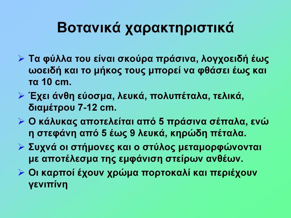 Ο κάλυκας αποτελείται από 5 πράσινα σέπαλα, ενώ η στεφάνη από 5 έως 9 λευκά, κηρώδη πέταλα.