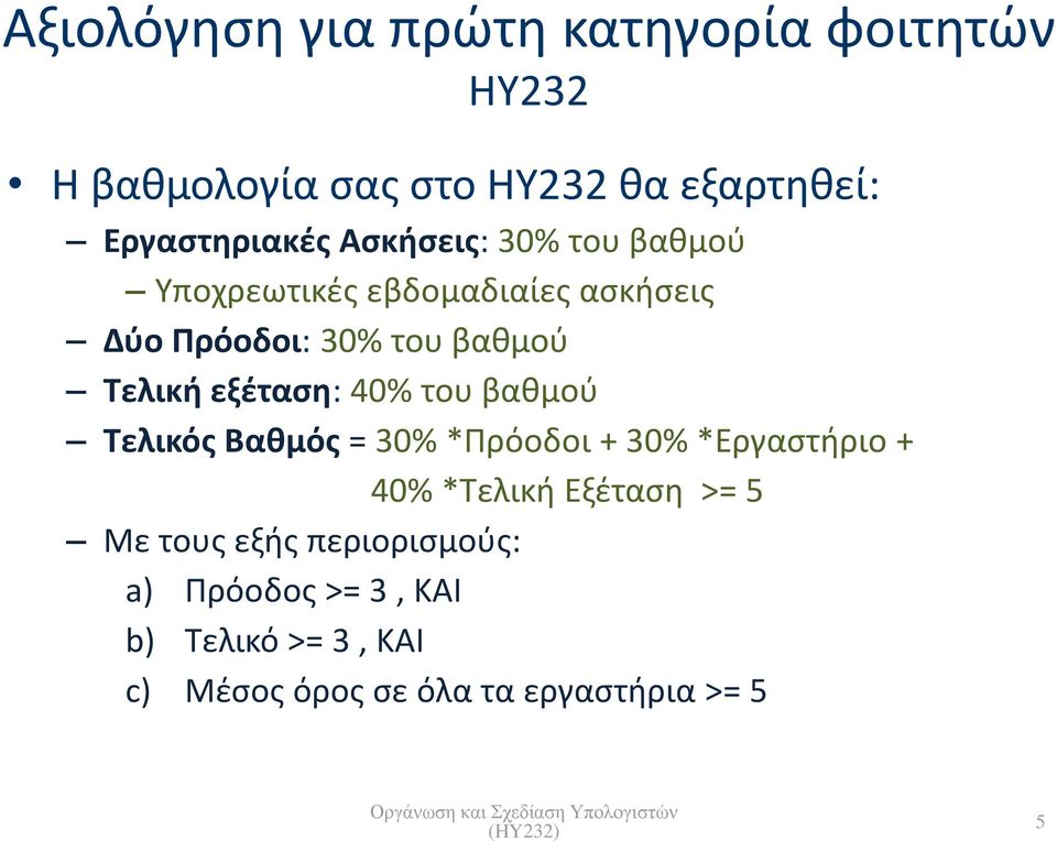 εξέταση: 40% του βαθμού Τελικός Βαθμός = 30% *Πρόοδοι + 30% *Εργαστήριο + 40% *Τελική Εξέταση >= 5