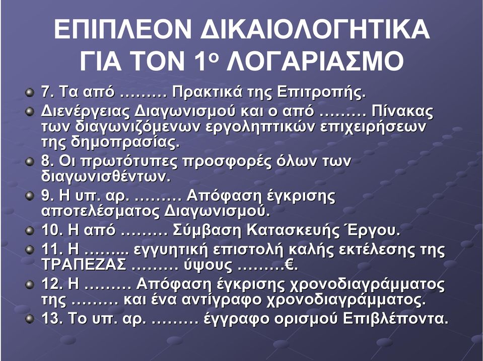 Οι πρωτότυπες προσφορές όλων των διαγωνισθέντων. 9. Η υπ. αρ. Απόφαση έγκρισης αποτελέσματος Διαγωνισμού. 10.