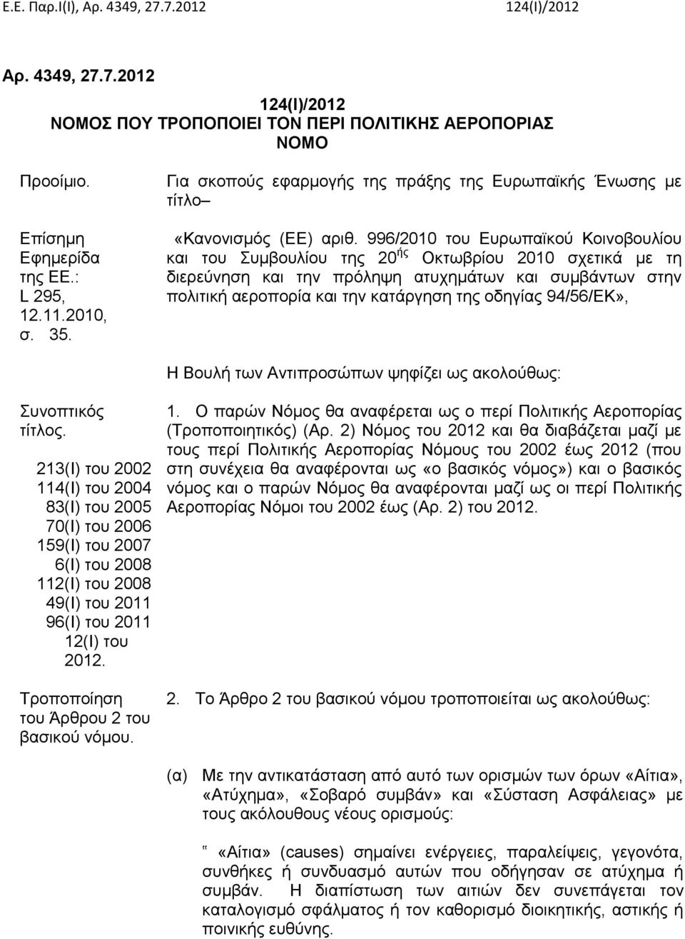 996/2010 του Ευρωπαϊκού Κοινοβουλίου και του Συμβουλίου της 20 ής Οκτωβρίου 2010 σχετικά με τη διερεύνηση και την πρόληψη ατυχημάτων και συμβάντων στην πολιτική αεροπορία και την κατάργηση της