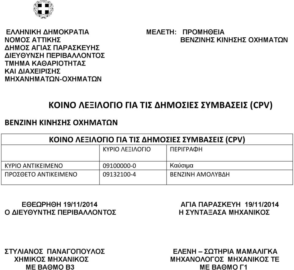 ΣΥΜΒΑΣΕΙΣ (CPV) ΚΥΡΙΟ ΛΕΞΙΛΟΓΙΟ ΠΕΡΙΓΡΑΦΗ ΚΥΡΙΟ