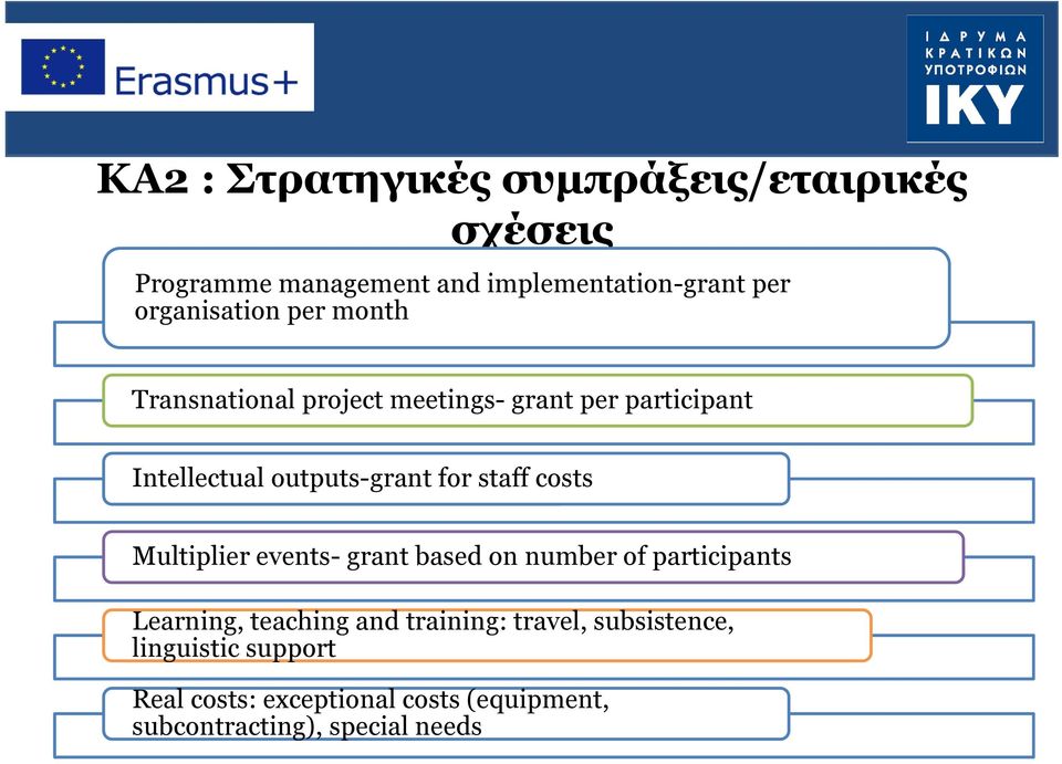 for staff costs Multiplier events- grant based on number of participants Learning, teaching and