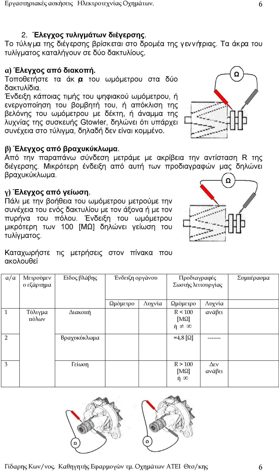 Ένδειξη κάποιας τιμής του ψηφιακού ωμόμετρου, ή ενεργοποίηση του βομβητή του, ή απόκλιση της βελόνης του ωμόμετρου με δέκτη, ή άναμμα της λυχνίας της συσκευής Gtowler, δηλώνει ότι υπάρχει συνέχεια