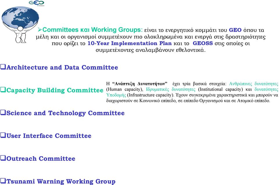 Architecture and Data Committee Capacity Building Committee Η Ανάπτυξη Δυνατοτήτων έχει τρία βασικά στοιχεία: Ανθρώπινες δυνατότητες (Human capacity), Ιδρυματικές δυνατότητες