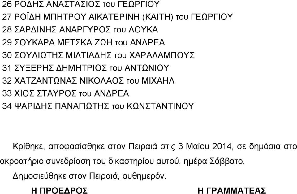 ΜΙΧΑΗΛ 33 ΧΙΟΣ ΣΤΑΥΡΟΣ του ΑΝ ΡΕΑ 34 ΨΑΡΙ ΗΣ ΠΑΝΑΓΙΩΤΗΣ του ΚΩΝΣΤΑΝΤΙΝΟΥ Κρίθηκε, αποφασίσθηκε στον Πειραιά στις 3 Μαίου 2014,