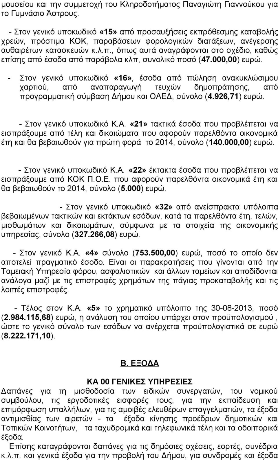 000,00) ευρώ. - Στον γενικό υποκωδικό «16», έσοδα από πώληση ανακυκλώσιμου χαρτιού, από αναπαραγωγή τευχών δημοπράτησης, από προγραμματική σύμβαση Δήμου και ΟΑΕΔ, σύνολο (4.926,71) ευρώ.