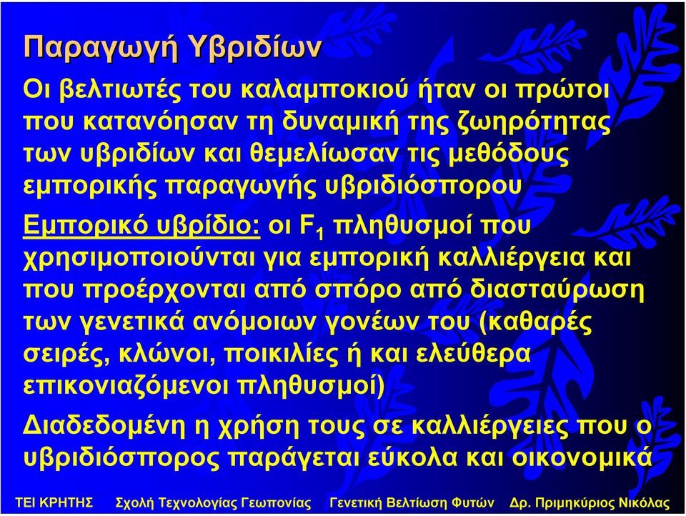 καλλιέργεια και που προέρχονται από σπόρο από διασταύρωση των γενετικά ανόµοιων γονέων του (καθαρές σειρές, κλώνοι, ποικιλίες