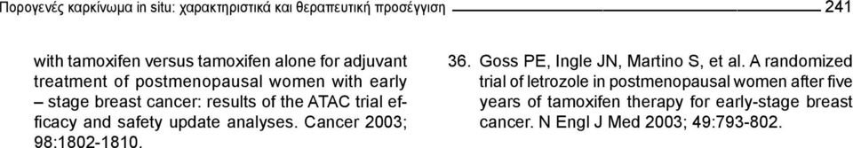 ATAC trial efficacy and safety update analyses. Cancer 2003; 9:102-110. 36. Goss PE, Ingle JN, Martino S, et al.