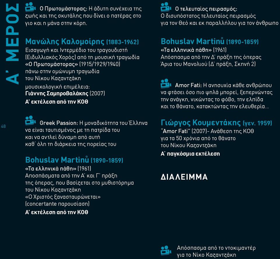 μουσικολογική επιμέλεια: Γιάννης Σαμπροβαλάκης (2007) Α εκτέλεση από την ΚΟΘ Ο τελευταίος πειρασμός: Ο δισυπόστατος τελευταίος πειρασμός για τον Θεό και εκ παραλλήλου για τον άνθρωπο Bohuslav Martin
