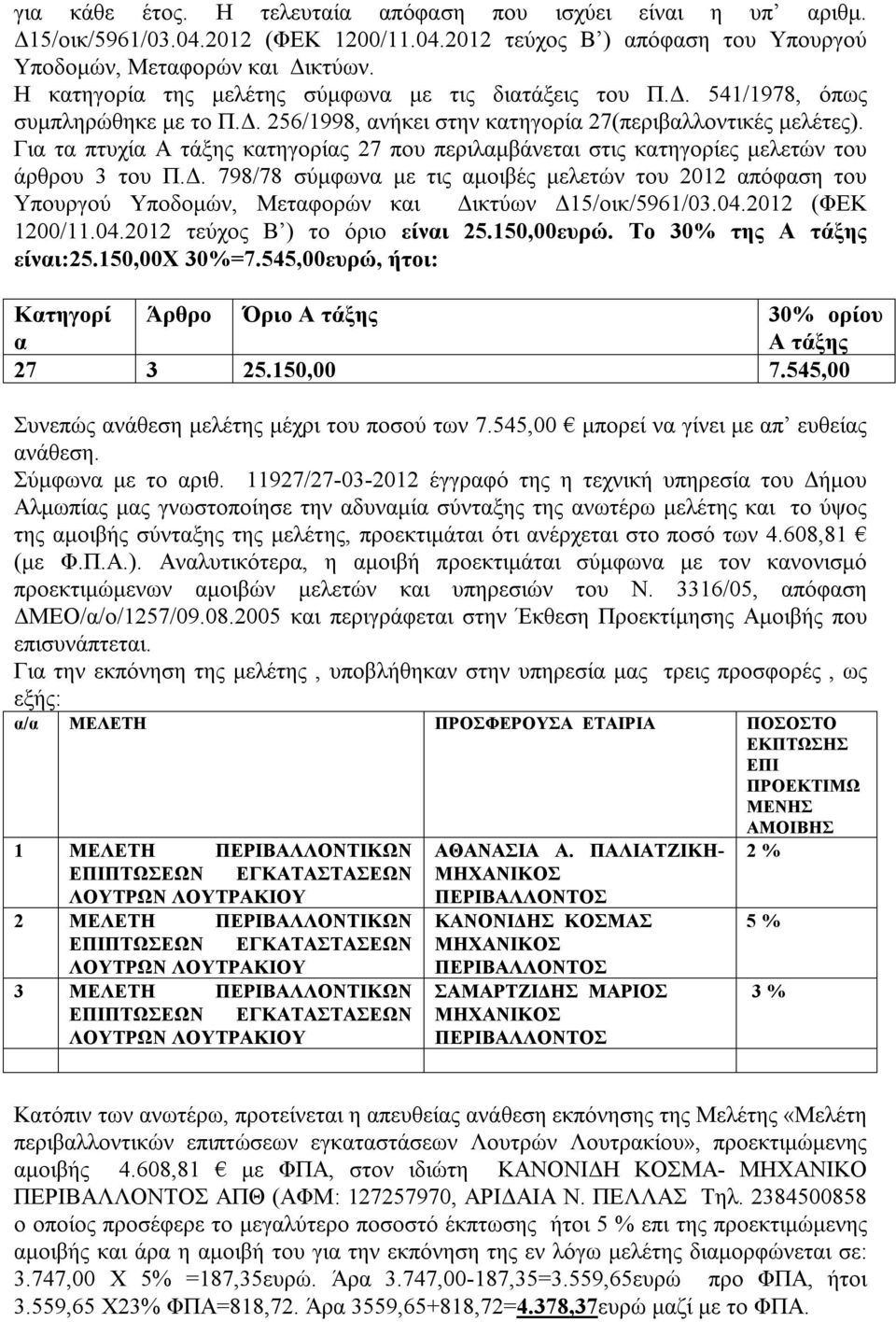 Για τα πτυχία Α τάξης κατηγορίας 27 που περιλαμβάνεται στις κατηγορίες μελετών του άρθρου 3 του Π.Δ.