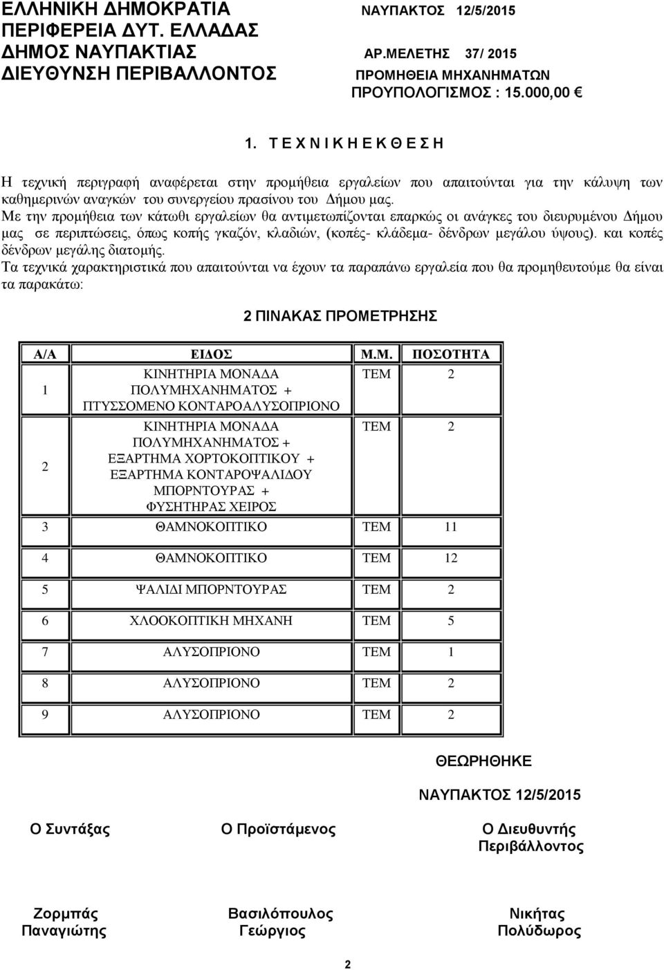 Με την προμήθεια των κάτωθι εργαλείων θα αντιμετωπίζονται επαρκώς οι ανάγκες του διευρυμένου Δήμου μας σε περιπτώσεις, όπως κοπής γκαζόν, κλαδιών, (κοπές- κλάδεμα- δένδρων μεγάλου ύψους).