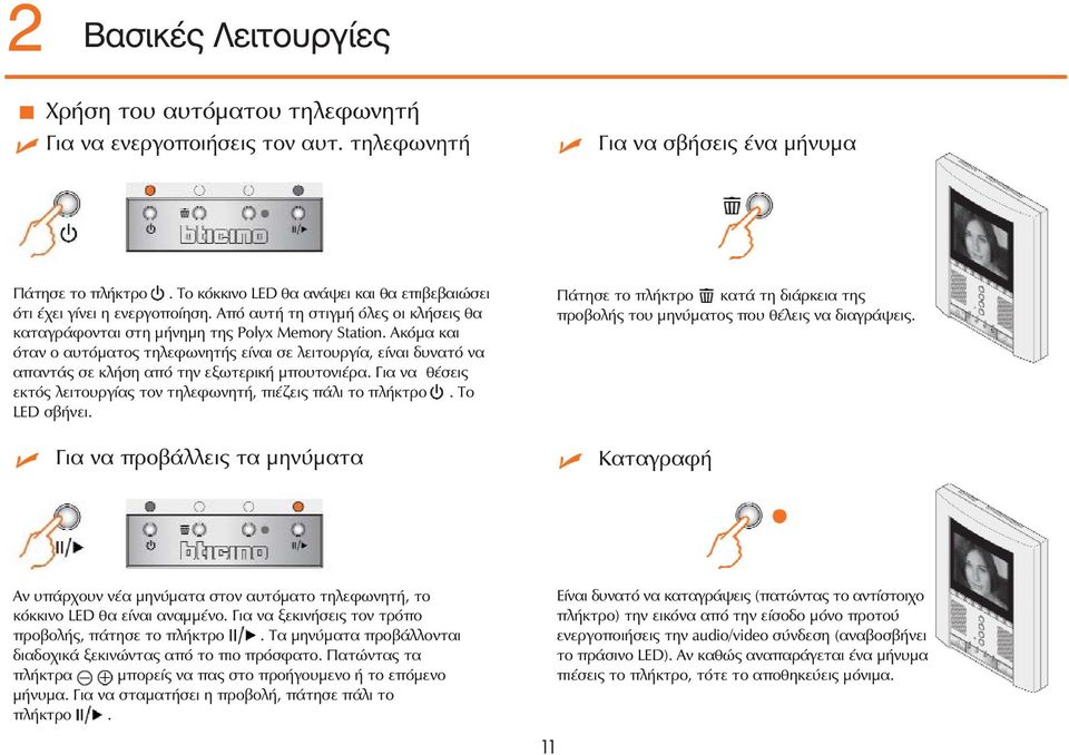 Ακόμα και όταν ο αυτόματος τηλεφωνητής είναι σε λειτουργία, είναι δυνατό να απαντάς σε κλήση από την εξωτερική μπουτονιέρα. Για να θέσεις εκτός λειτουργίας τον τηλεφωνητή, πιέζεις πάλι το πλήκτρο.