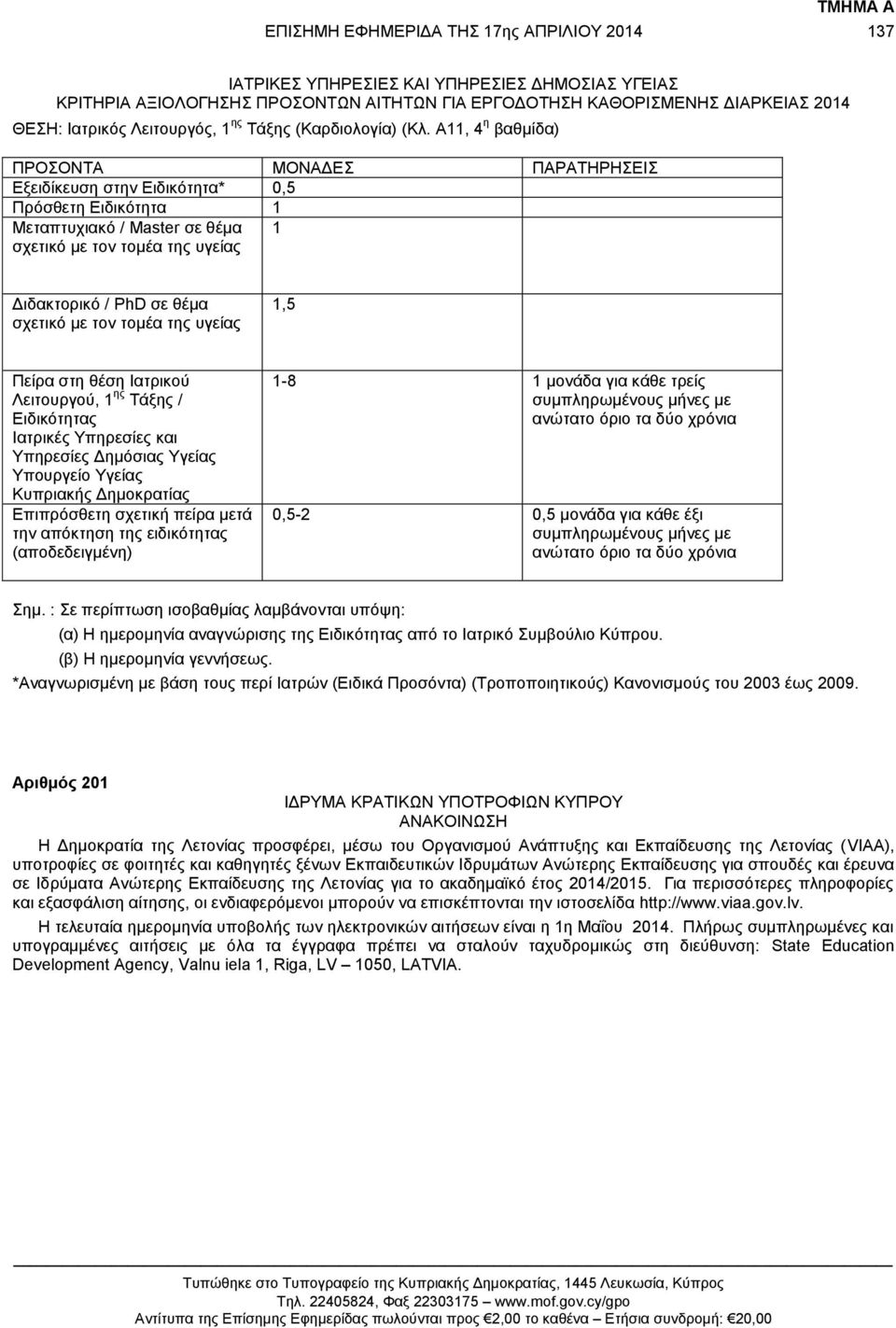Α11, 4 η βαθμίδα) ΠΡΟΣΟΝΤΑ ΜΟΝΑΔΕΣ ΠΑΡΑΤΗΡΗΣΕΙΣ Εξειδίκευση στην Ειδικότητα* 0,5 Πρόσθετη Ειδικότητα 1 Μεταπτυχιακό / Master σε θέμα σχετικό με τον τομέα της υγείας 1 Διδακτορικό / PhD σε θέμα