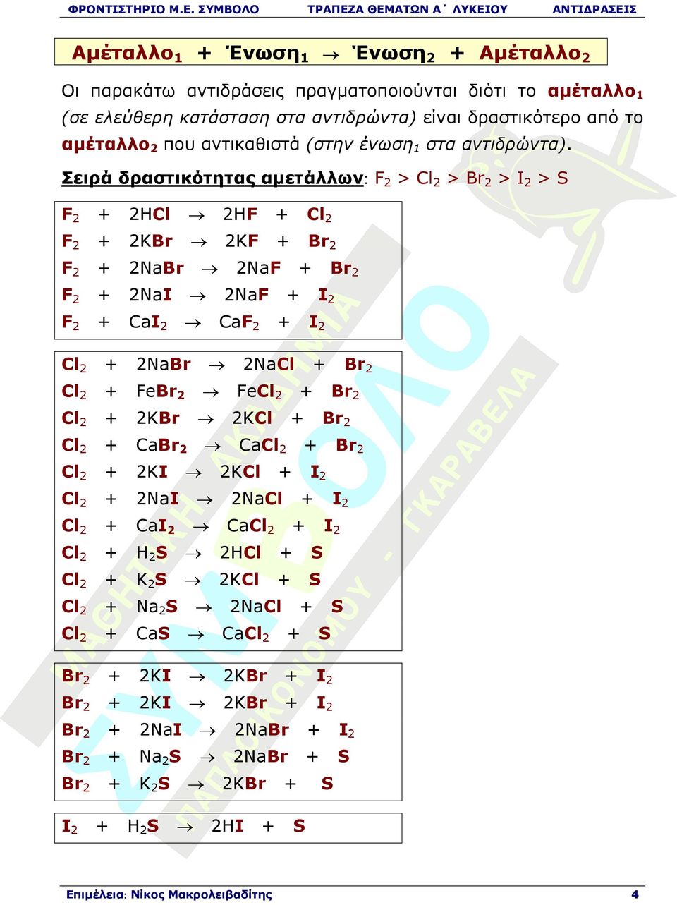 Σειρά δραστικότητας αµετάλλων: F 2 > Cl 2 > Br 2 > I 2 > S F 2 + 2HCl 2HF + Cl 2 F 2 + 2KBr 2KF + Br 2 F 2 + 2NaBr 2NaF + Br 2 F 2 + 2NaI 2NaF + I 2 F 2 + CaI 2 CaF 2 + I 2 Cl 2 + 2NaBr 2NaCl + Br 2