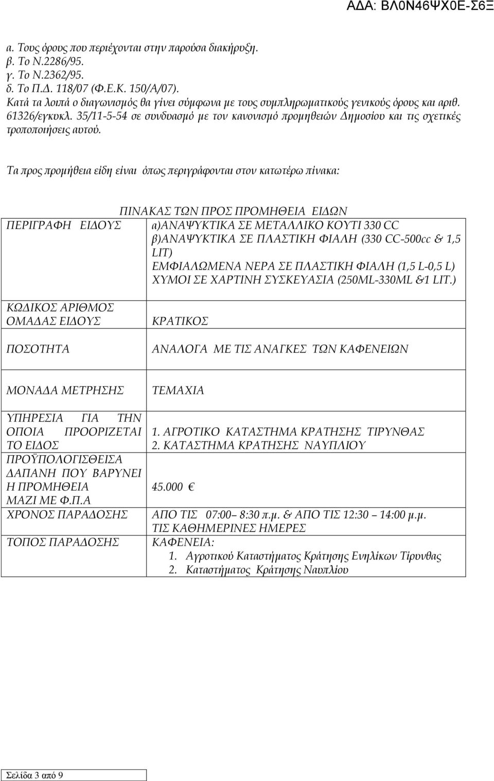 35/11-5-54 σε συνδυασμό με τον κανονισμό προμηθειών Δημοσίου και τις σχετικές τροποποιήσεις αυτού.