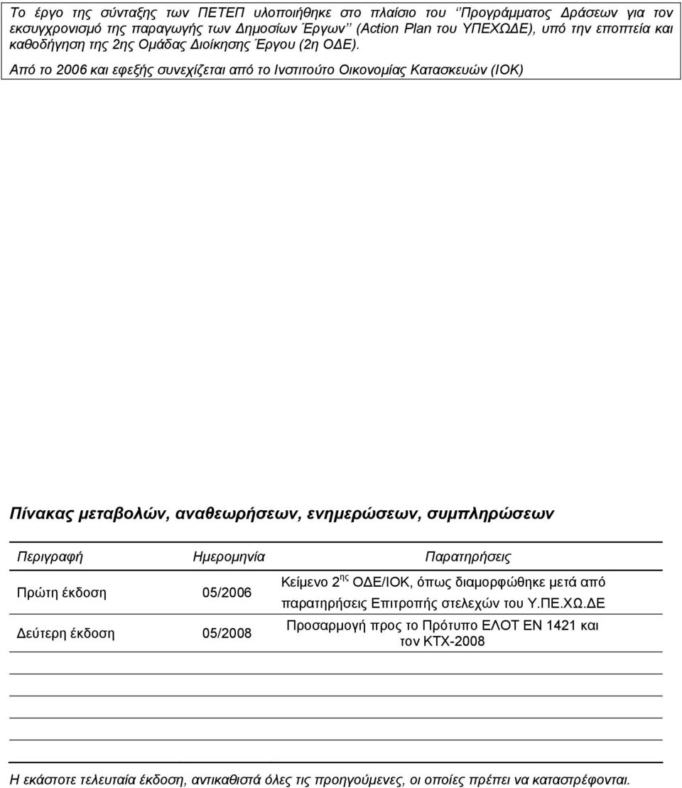 Από το 2006 και εφεξής συνεχίζεται από το Ινστιτούτο Οικονομίας Κατασκευών (ΙΟΚ) Πίνακας μεταβολών, αναθεωρήσεων, ενημερώσεων, συμπληρώσεων Περιγραφή Hμερομηνία Παρατηρήσεις