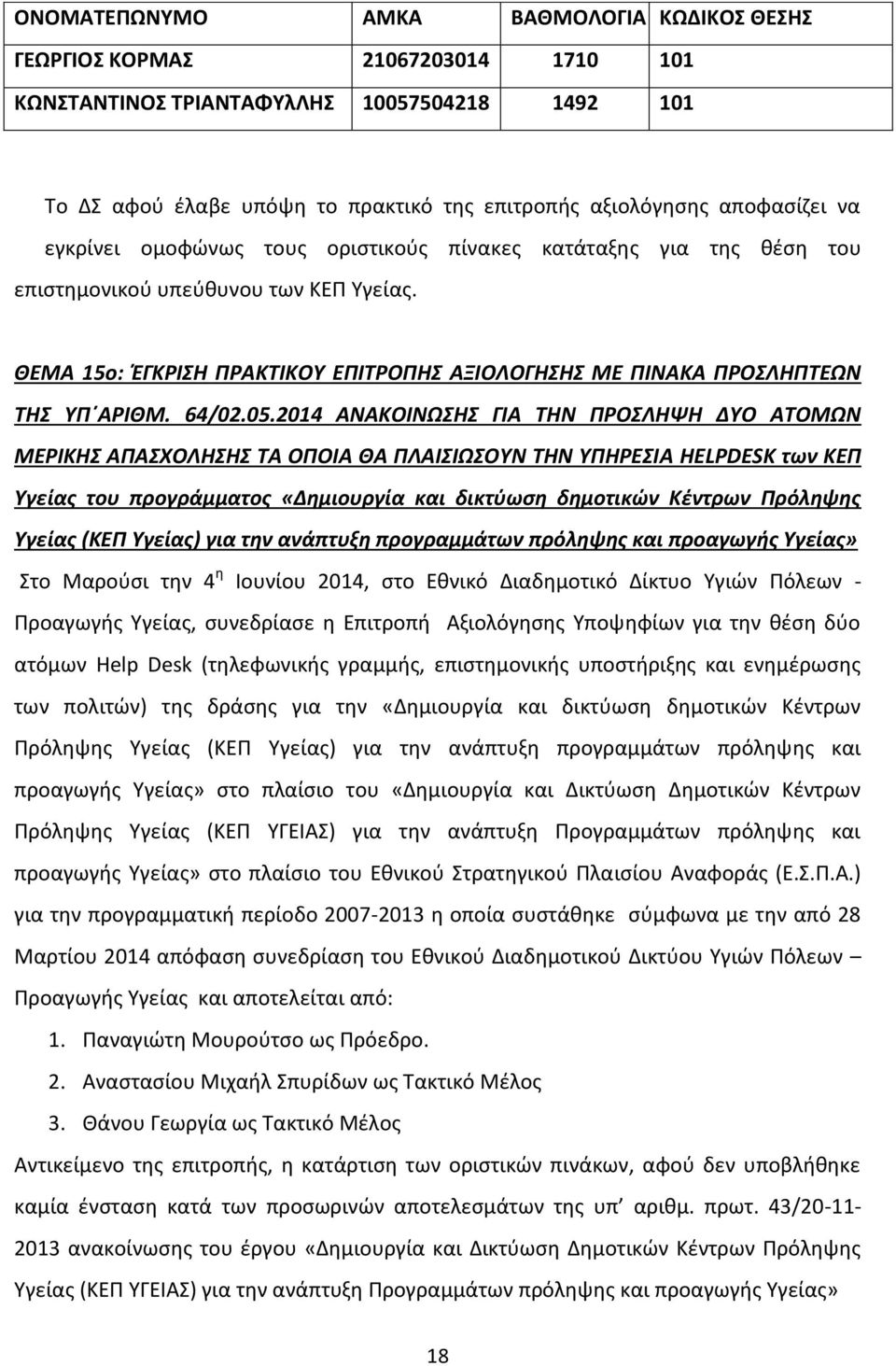 ΘEΜΑ 15o: ΈΓΚΡΙΣΗ ΠΡΑΚΤΙΚΟΥ ΕΠΙΤΡΟΠΗΣ ΑΞΙΟΛΟΓΗΣΗΣ ΜΕ ΠΙΝΑΚΑ ΠΡΟΣΛΗΠΤΕΩΝ ΤΗΣ ΥΠ ΑΡΙΘΜ. 64/02.05.