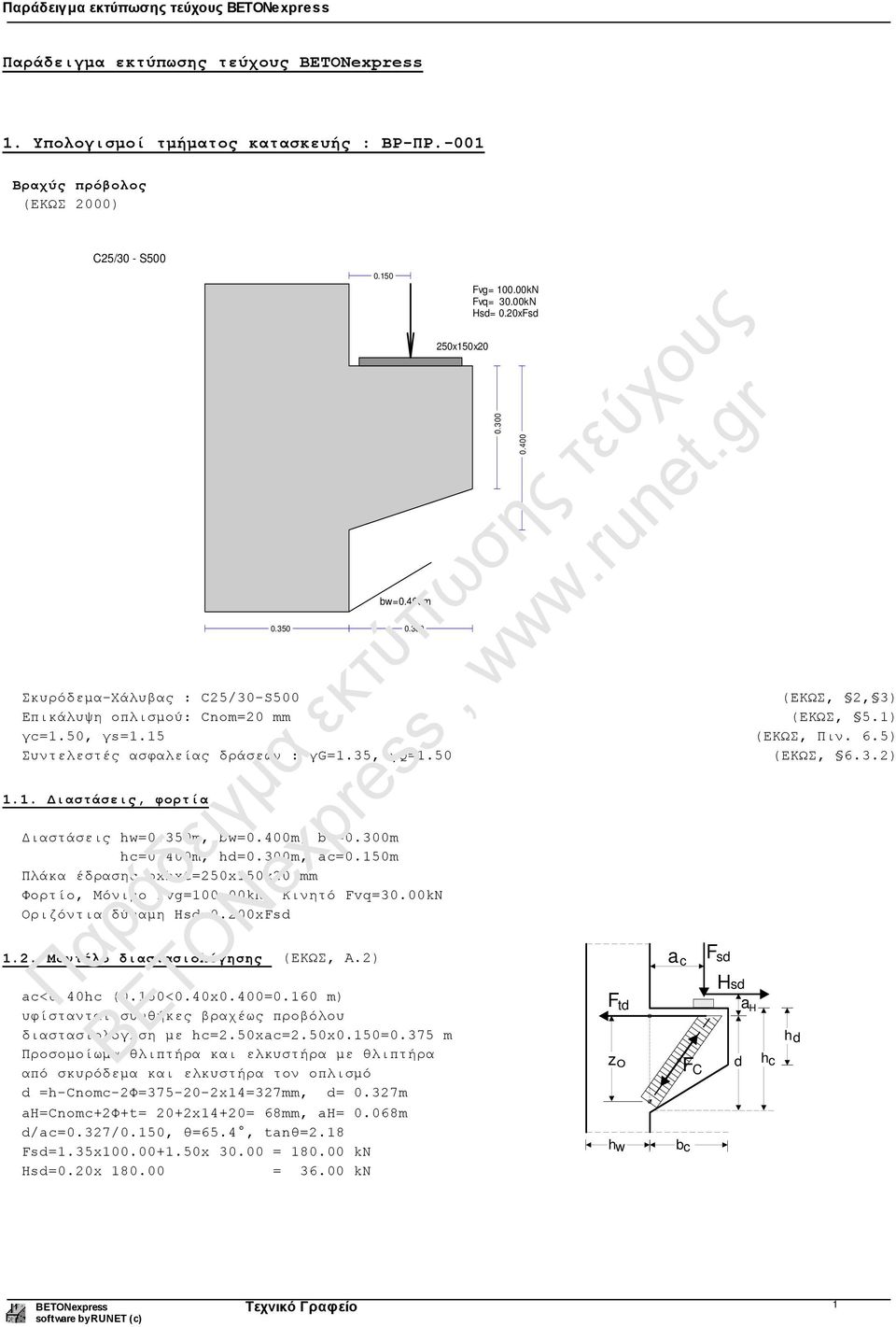 350m, bw=0.400m, bc=0.300m hc=0.400m, hd=0.300m, ac=0.150m Πλάκα έδρασης bxhxt=250x150x20 mm Φορτίο, Μόνιμο Fvg=100.00kN, Κινητό Fvq=30.00kN Οριζόντια δύναμη Hsd=0.200xFsd 1.2. Μοντέλο διαστασιολόγησης (ΕΚΩΣ, A.