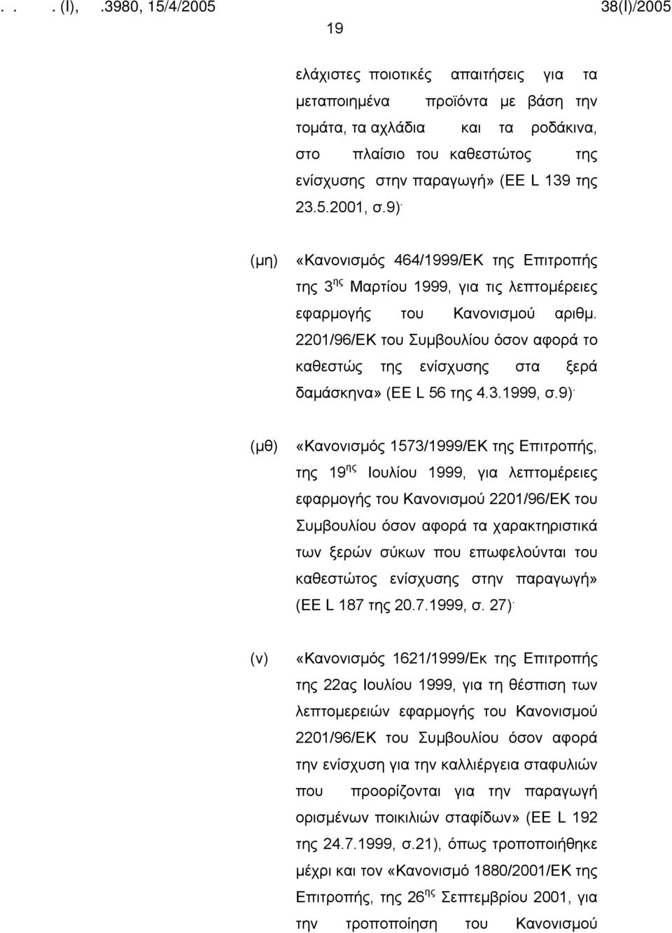 2201/96/ΕΚ του Συμβουλίου όσον αφορά το καθεστώς της ενίσχυσης στα ξερά δαμάσκηνα» (ΕΕ L 56 της 4.3.1999, σ.9).