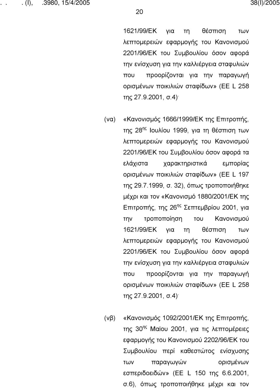 (να) «Κανονισμός 1666/1999/ΕΚ της Επιτροπής, της 28 ης Ιουλίου 1999, για τη θέσπιση των λεπτομερειών εφαρμογής του Κανονισμού 2201/96/ΕΚ του Συμβουλίου όσον αφορά τα ελάχιστα χαρακτηριστικά εμπορίας