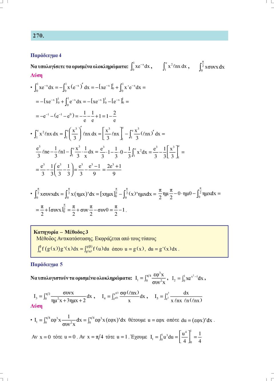 τους τύους g f ( g g ' d = f ( u du όου u = g, du = g ' d Πράδειγμ 5 g Ν υολογιστούν τ ορισμέν ολοκληρώμτ: εφ I =, συν Ι = d, συν I = d ημ +