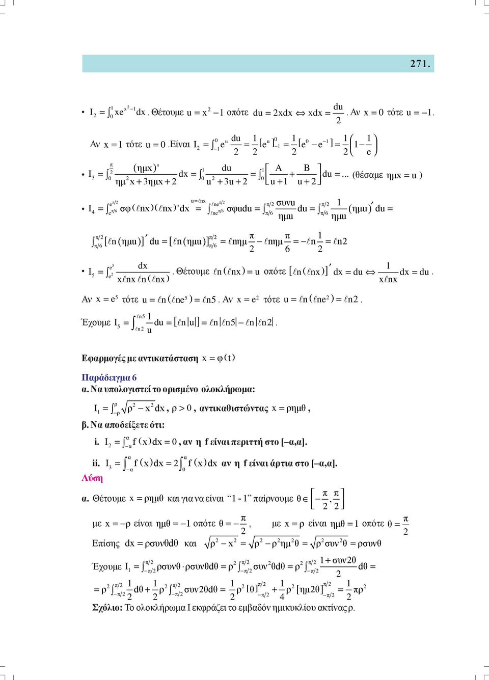 n I = du n u n n5 n n 5 n u = = n5 Έχουμε [ ] Εφρμογές με ντικτάστση = φ( t Πράδειγμ 6 Ν υολογιστεί το ορισμένο ολοκλήρωμ: ρ I = ρ d, ρ>, ντικθιστώντς = ρημθ, ρ Ν οδείξετε ότι: i Ι = f d =, ν η f