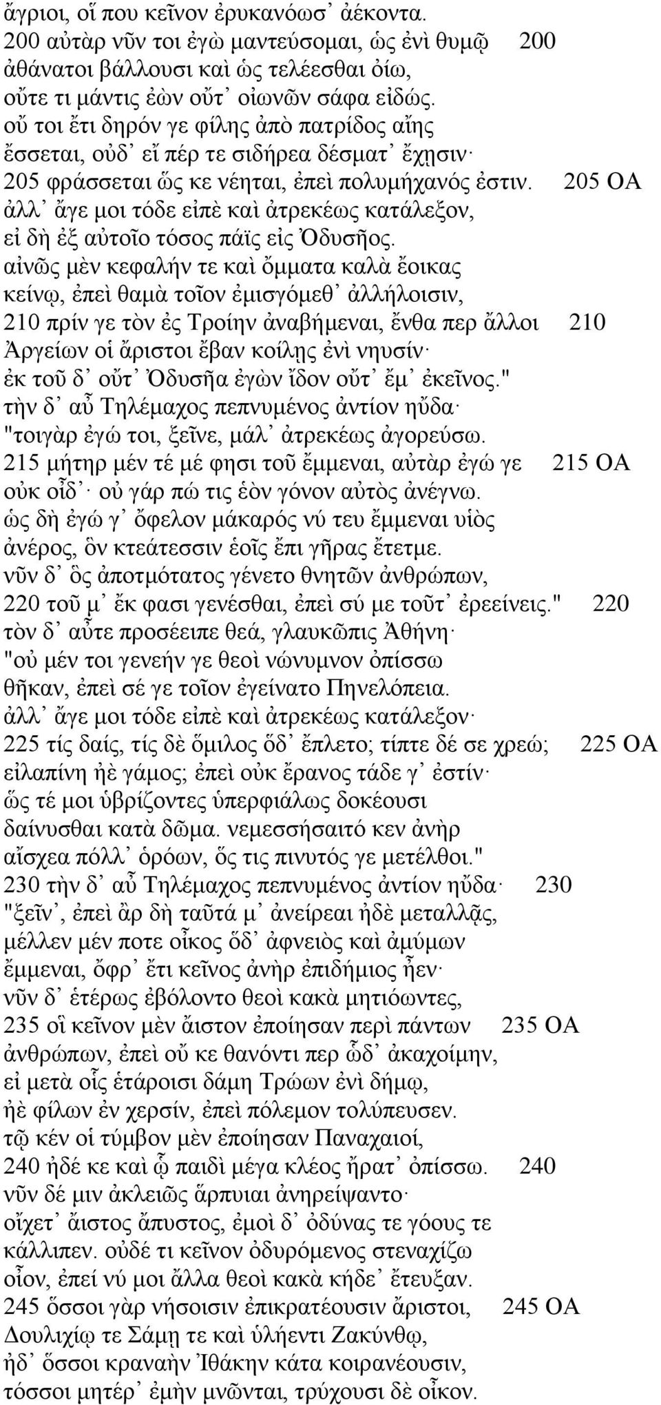 205 ΟΑ ἀλλ ἄγε μοι τόδε εἰπὲ καὶ ἀτρεκέως κατάλεξον, εἰ δὴ ἐξ αὐτοῖο τόσος πάϊς εἰς Ὀδυσῆος.