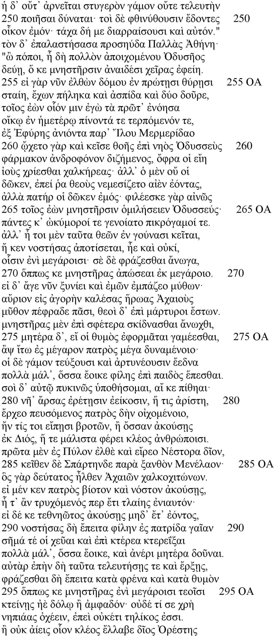 255 εἰ γὰρ νῦν ἐλθὼν δόμου ἐν πρώτῃσι θύρῃσι 255 ΟΑ σταίη, ἔχων πήληκα καὶ ἀσπίδα καὶ δύο δοῦρε, τοῖος ἐὼν οἷόν μιν ἐγὼ τὰ πρῶτ ἐνόησα οἴκῳ ἐν ἡμετέρῳ πίνοντά τε τερπόμενόν τε, ἐξ Ἐφύρης ἀνιόντα παρ