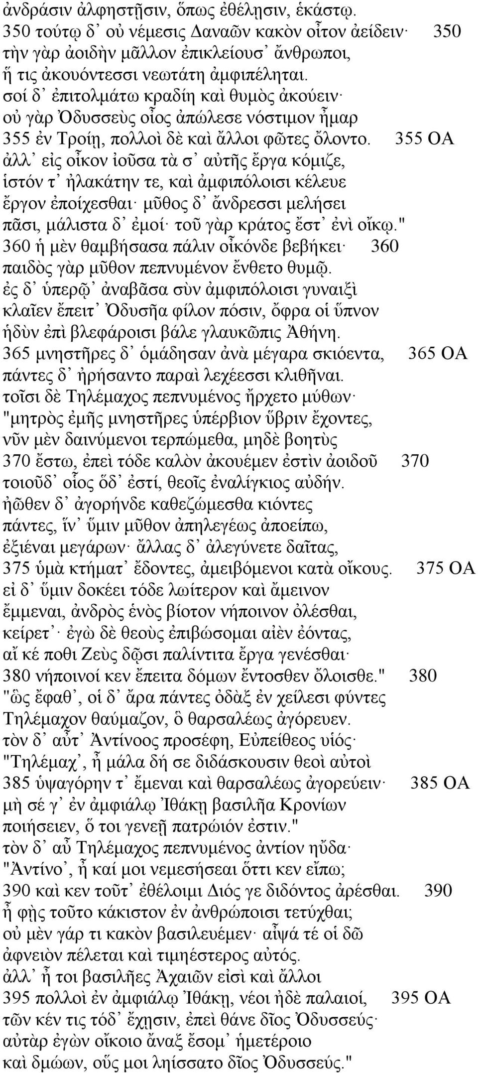 355 ΟΑ ἀλλ εἰς οἶκον ἰοῦσα τὰ σ αὐτῆς ἔργα κόμιζε, ἱστόν τ ἠλακάτην τε, καὶ ἀμφιπόλοισι κέλευε ἔργον ἐποίχεσθαι μῦθος δ ἄνδρεσσι μελήσει πᾶσι, μάλιστα δ ἐμοί τοῦ γὰρ κράτος ἔστ ἐνὶ οἴκῳ.