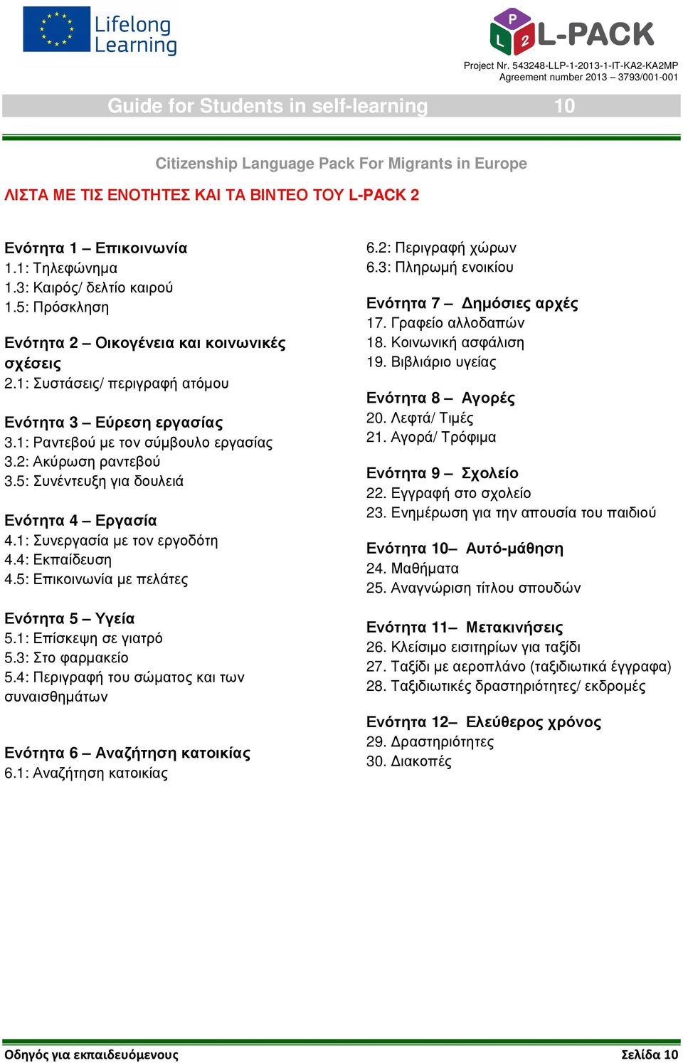 1: Τηλεφώνηµα 1.3: Καιρός/ δελτίο καιρού 1.5: Πρόσκληση Ενότητα 2 Οικογένεια και κοινωνικές σχέσεις 2.1: Συστάσεις/ περιγραφή ατόµου Ενότητα 3 Εύρεση εργασίας 3.1: Ραντεβού µε τον σύµβουλο εργασίας 3.