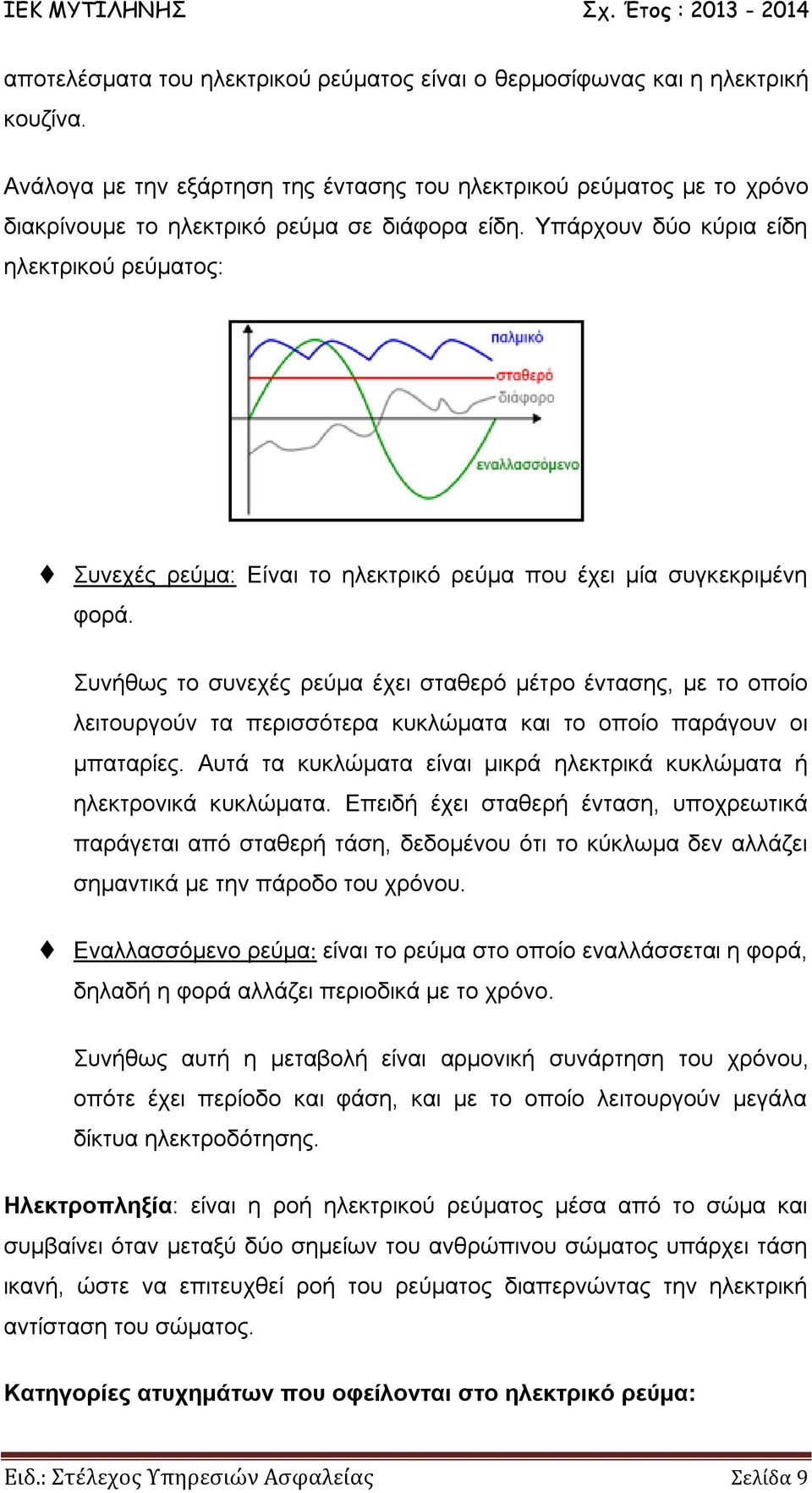 Υπάρχουν δύο κύρια είδη ηλεκτρικού ρεύματος: Συνεχές ρεύμα: Είναι το ηλεκτρικό ρεύμα που έχει μία συγκεκριμένη φορά.