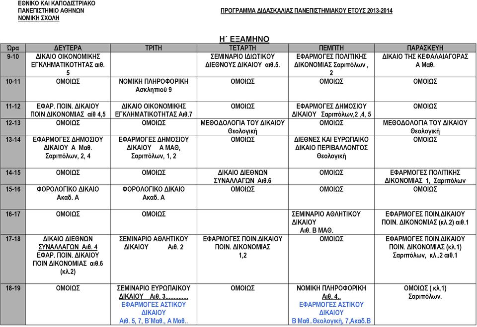 7 12-13 ΜΕΘΟΔΟΛΟΓΙΑ ΤΟΥ ΔΙΚΑΙΟΥ 13-14 ΕΦΑΡΜΟΓΕΣ ΔΗΜΟΣΙΟΥ ΕΦΑΡΜΟΓΕΣ ΔΗΜΟΣΙΟΥ ΔΙΚΑΙΟΥ ΔΙΚΑΙΟΥ Α ΜΑΘ, Σαριπόλων, 2, 4 Σαριπόλων, 1, 2 ΕΦΑΡΜΟΓΕΣ ΔΗΜΟΣΙΟΥ ΔΙΚΑΙΟΥ Σαριπόλων,2,4, 5 ΔΙΕΘΝΕΣ ΚΑΙ ΕΥΡΩΠΑΙΚΟ