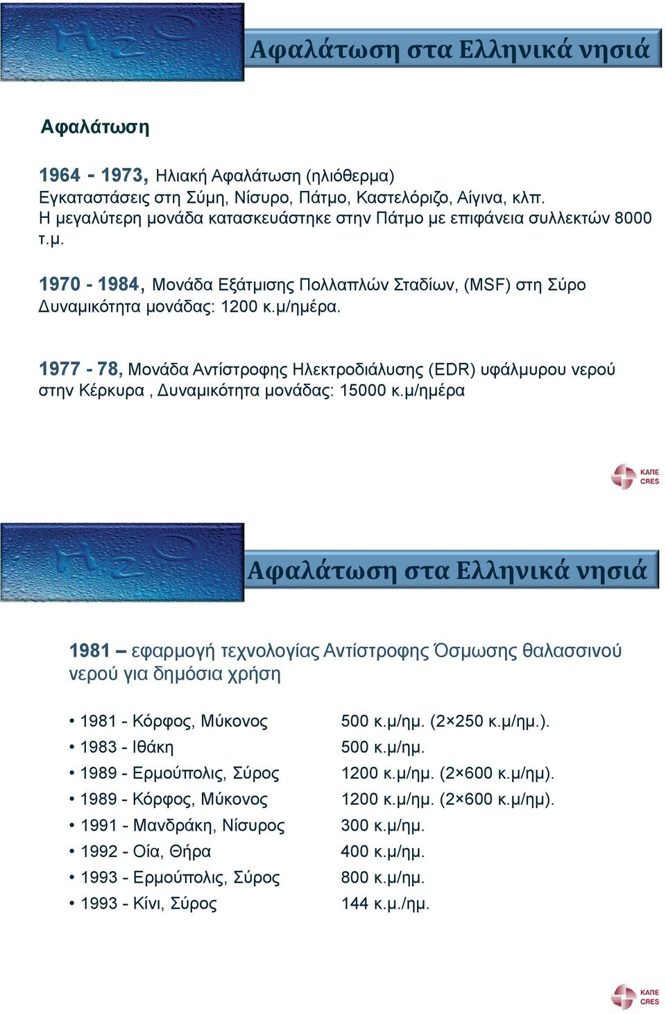 1977-78, Μονάδα Αντίστροφη Ηλεκτροδιάλυση (EDR) υφάλμυρου νερού στην Κέρκυρα, Δυναμικότητα μονάδα : 15000 κ.