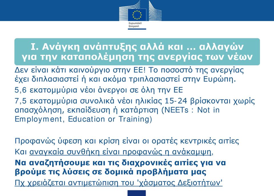 5,6 εκατομμύρια νέοι άνεργοι σε όλη την ΕΕ 7,5 εκατομμύρια συνολικά νέοι ηλικίας 15-24 βρίσκονται χωρίς απασχόληση, εκπαίδευση ή κατάρτιση (NEETs : Not in