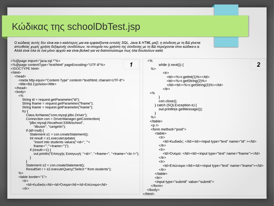 σύνδεσης με τη ΒΔ περιέχονται στον κώδικα κ.α. Αλλά είναι όλα σε ένα μόνο αρχείο και είναι βολικό για να διαπιστώσουμε πως όλα δουλεύουν καλά. <%@page import="java.sql.