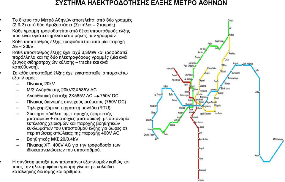 Κάθε υποσταθμός έλξης έχει ισχύ 3,3MW και τροφοδοτεί παράλληλα και τις δύο ηλεκτροφόρους γραμμές (μία ανά ζεύγος σιδηροτροχιών κύλισης tracks και ανά κατεύθυνση).