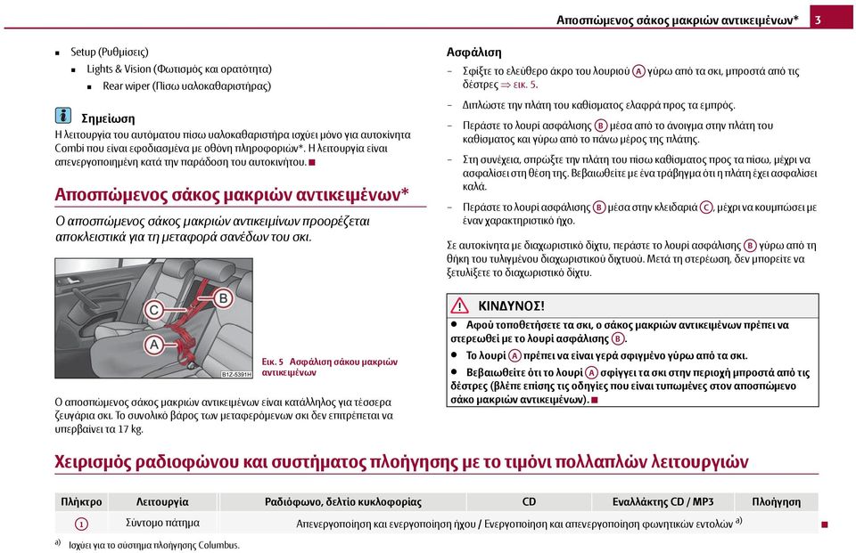 Αποσπώμενος σάκος μακριών αντικειμένων* Ο αποσπώμενος σάκος μακριών αντικειμένων προορίζεται αποκλειστικά για τη μεταφορά σανίδων του σκι.