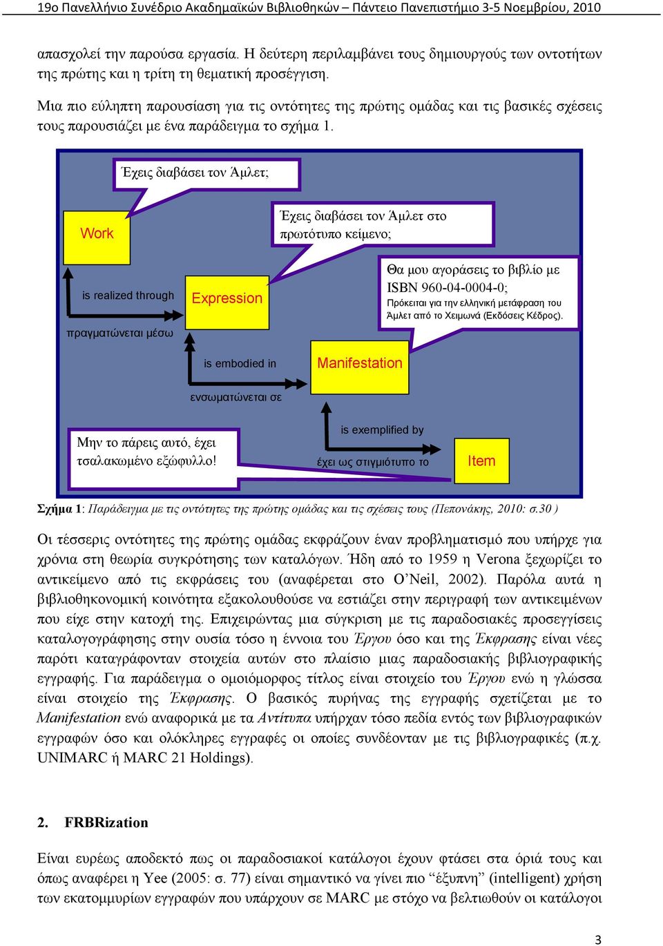 Έχεις διαβάσει τον Άµλετ; Work Έχεις διαβάσει τον Άµλετ στο πρωτότυπο κείµενο; is realized through πραγµατώνεται µέσω Expression is embodied in Manifestation Θα µου αγοράσεις το βιβλίο µε ISBN