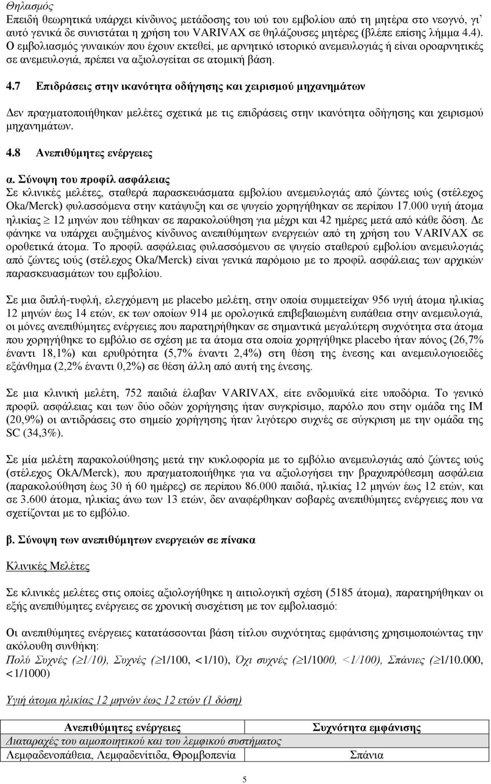 7 Επιδράσεις στην ικανότητα οδήγησης και χειρισμού μηχανημάτων Δεν πραγματοποιήθηκαν μελέτες σχετικά με τις επιδράσεις στην ικανότητα οδήγησης και χειρισμού μηχανημάτων. 4.8 Ανεπιθύμητες ενέργειες α.