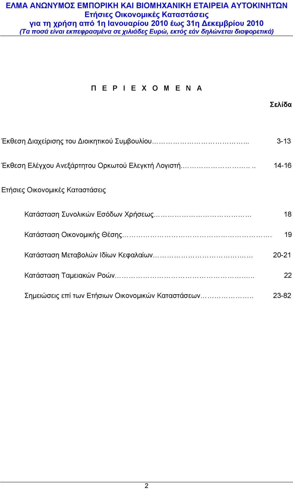 .... 14-16 Κατάσταση Συνολικών Εσόδων Χρήσεως 18 Κατάσταση Οικονομικής Θέσης.